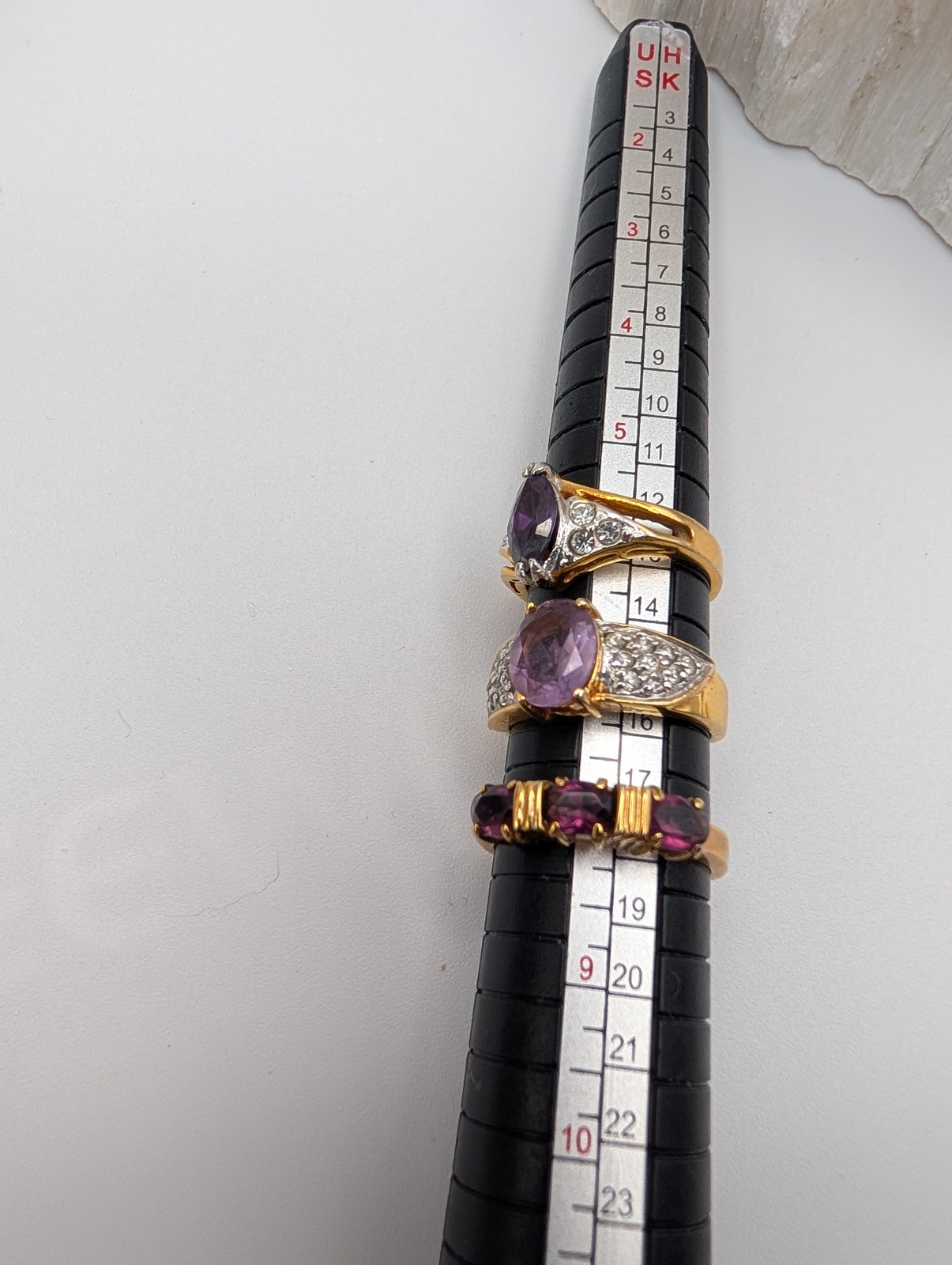 Lot of 3 Gold Tone Purple & Clear Stone Fashion Rings Cocktail Sizes 6.5, 7.5, 8