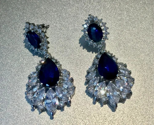 18k Platinum Plated Earrings Made Simulated Diamond Blue Marquise Stone