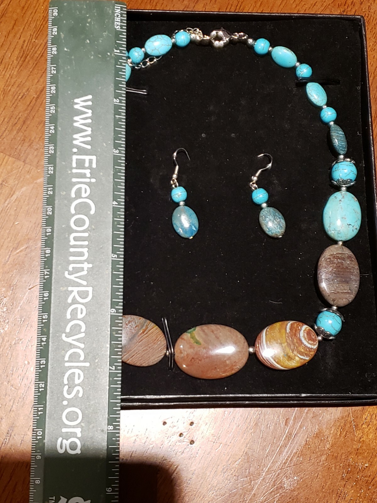 Turquoise and other Beaded Necklace and Earing Set in Box
