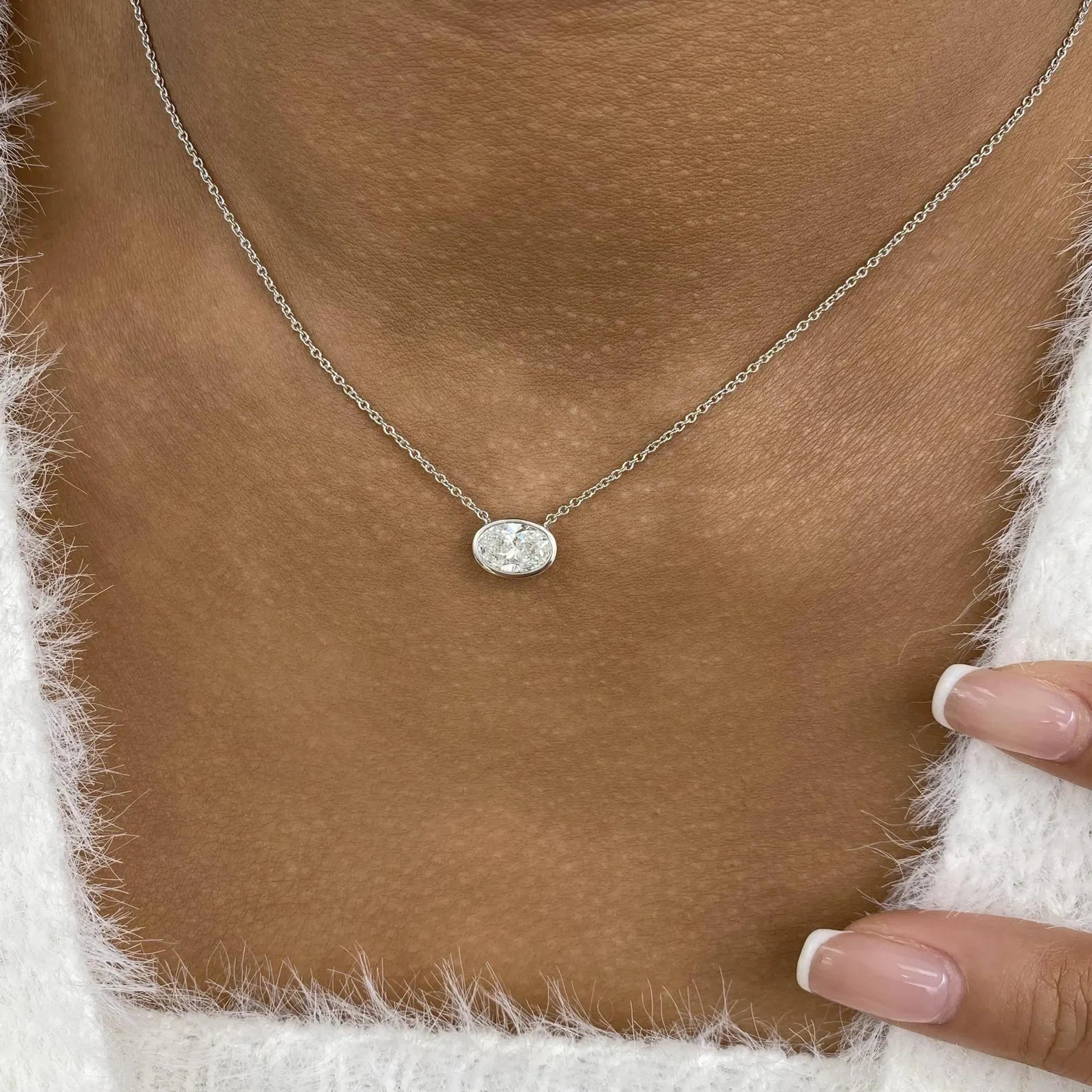 1.00 Ct Oval EF VS Lab Grown Diamond Bezel Solitaire Necklace in 14K White Gold