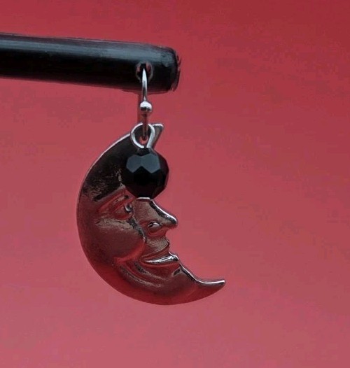 Moon Face Drop Earrings Silver Tone Celestial Jewelry Black Bead Accent