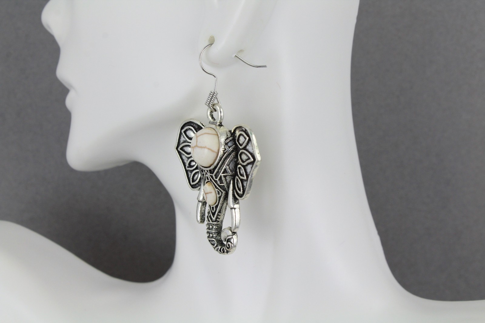antiqued silver elephant earrings trunk ears pendant 2 1/8″ long cream bead