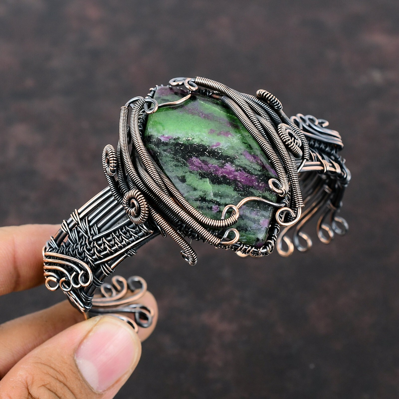 Ruby Zoisite Gemstone Jewelry Copper Valentine Gift Wire Wrapped Adjustable Cuff