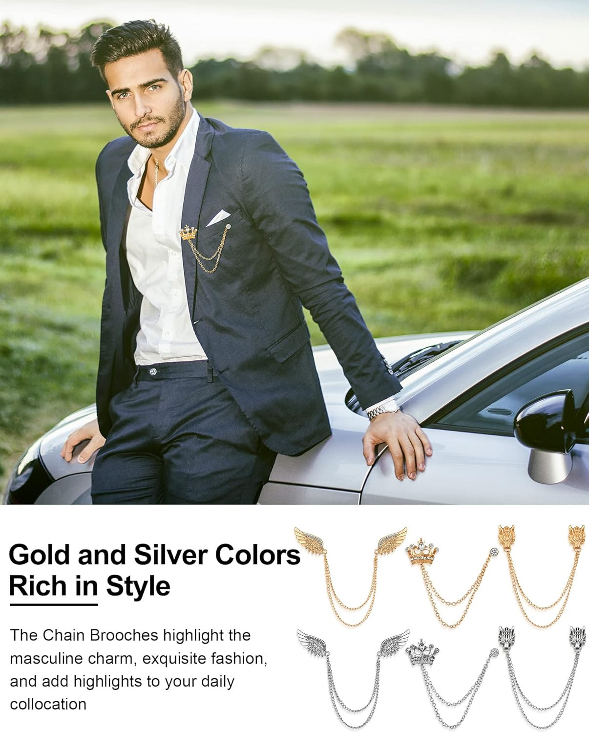 6 Pieces Men’s Tassel Chain Brooch Collar Pins Wedding Brooches Collar Pins Wing