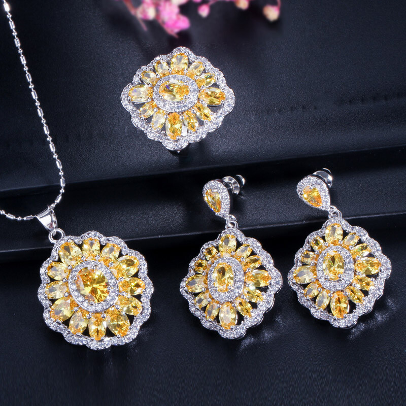 Colorful Pendant Necklace Earrings Ring Silver Plated Women CZ Party Jewelry Set