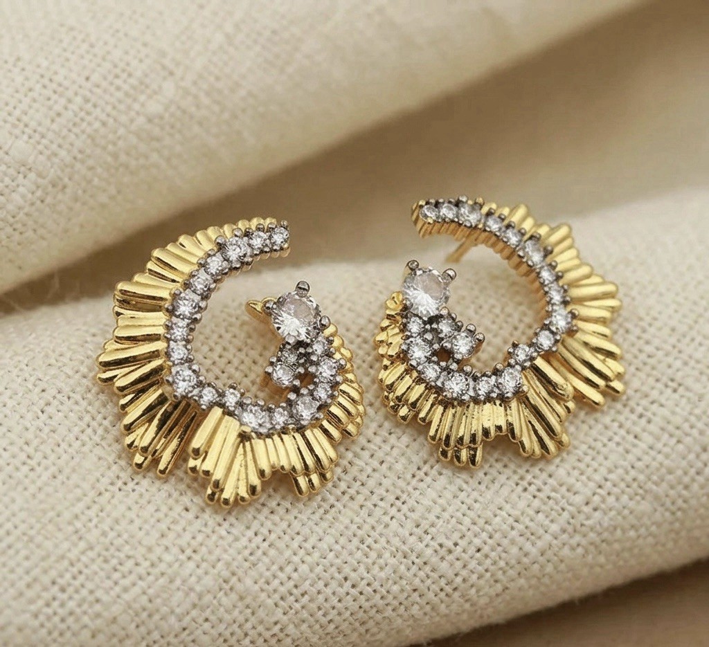 Art Deco Hoop Earrings Gold Solanales Molten Sunburst Boho Fan CZ Sculptural VTG