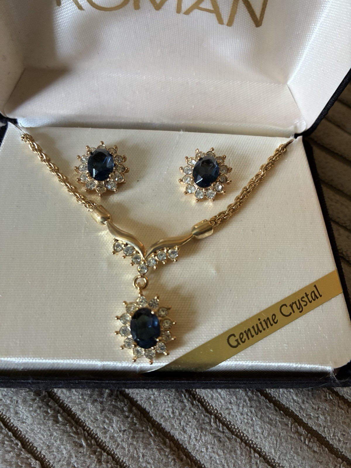 Roman Gold Tone Blue Oval Crystal Necklace & Earrings Jewelry Set
