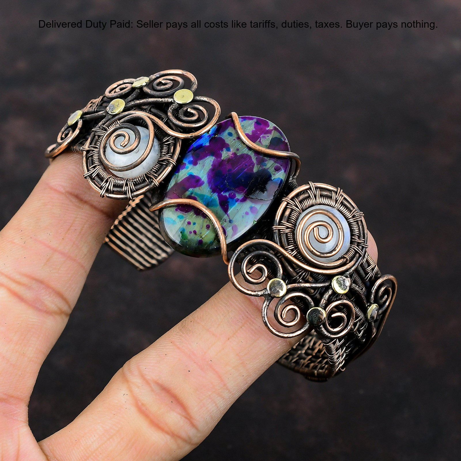 Copper Multi Fire Labradorite Stone Rainbow Moonstone Wire Wrap Bangle Jewelry
