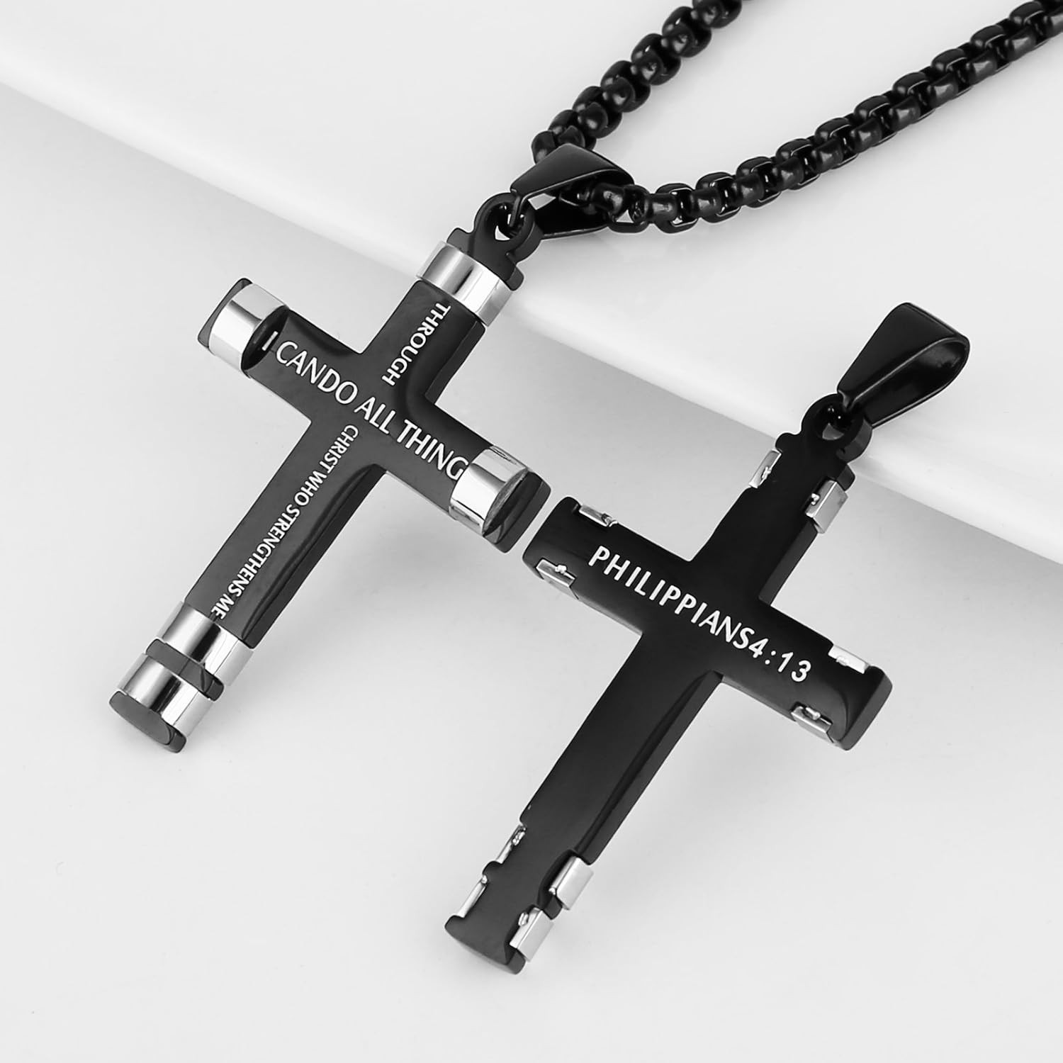 Cross Pendant Philippians 4:13 STRENGTH Bible Verse Stainless Steel Necklace 3 C