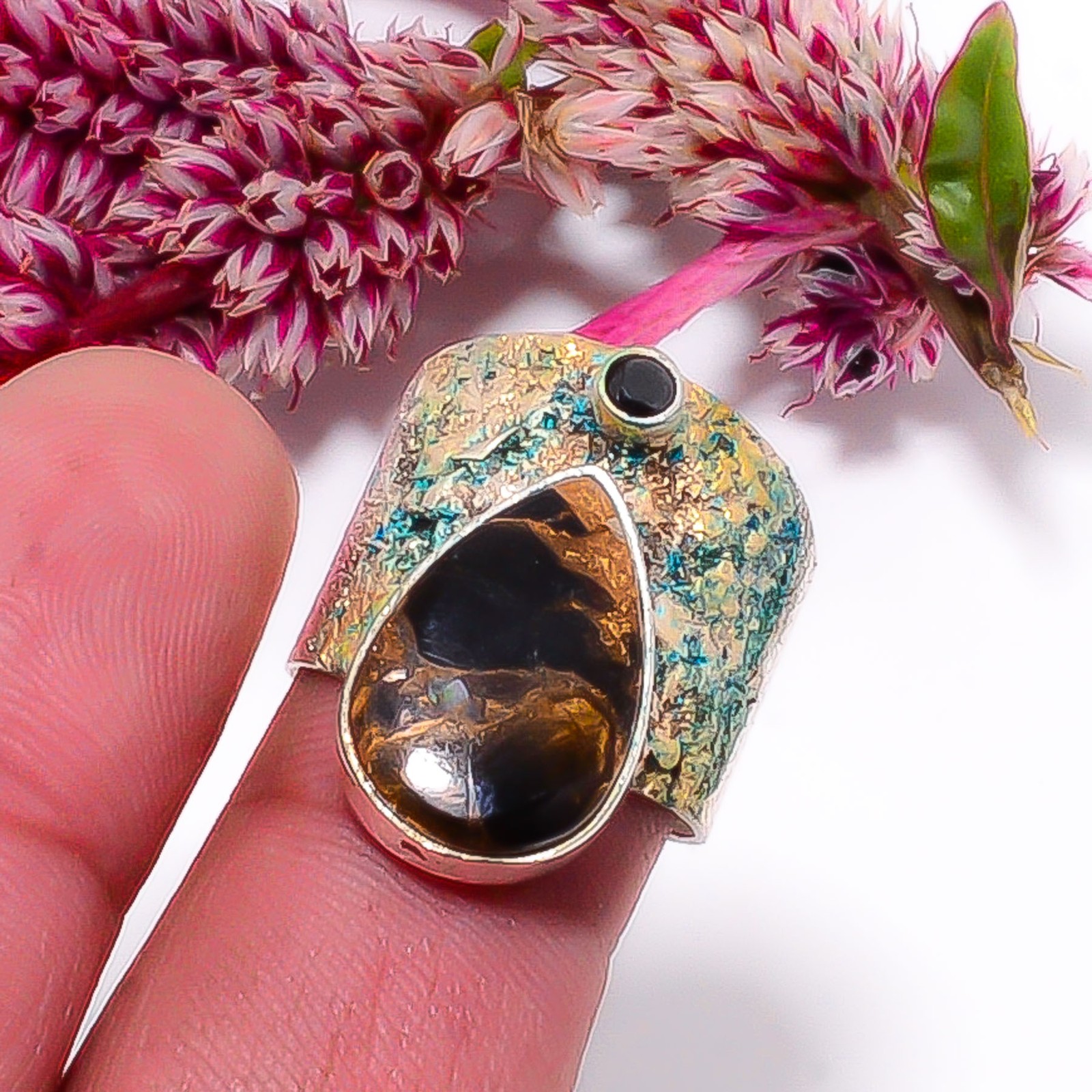 Copper Black Obsidian & Black Onyx Two Tone 925 Sterling Silver Ring s.7 Sku7