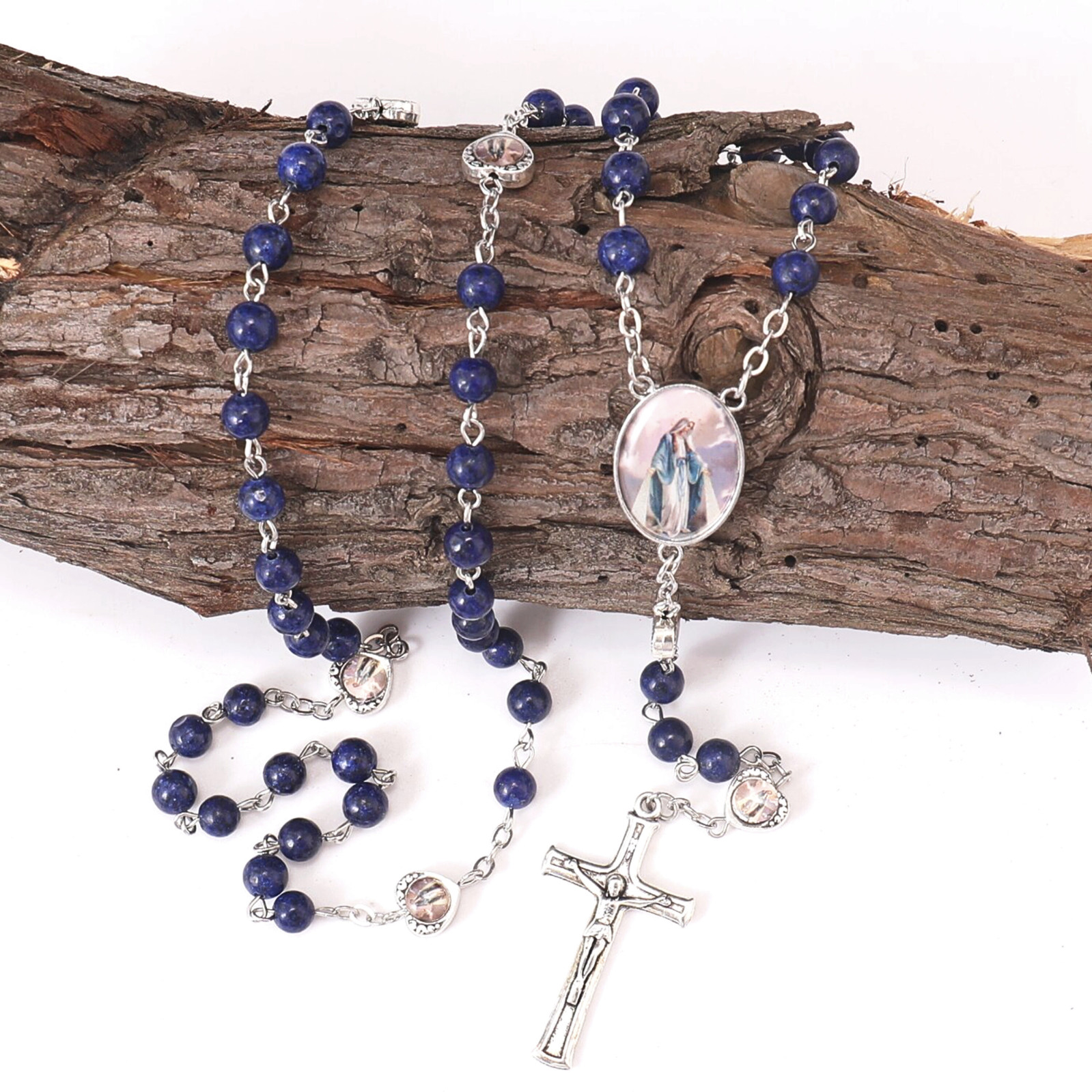 Lapis Lazuli Blue Beads Miraculous Rosary Necklace Epoxy Medal & Jesus Cross