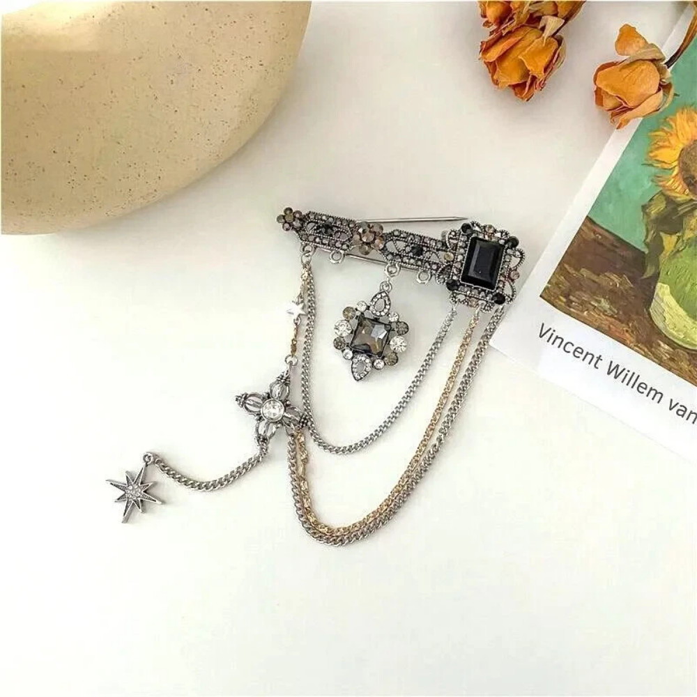 Fashion Black Gemstone Sparkling Rhinestone Star Tassel Chain Brooch Pin Jewelry