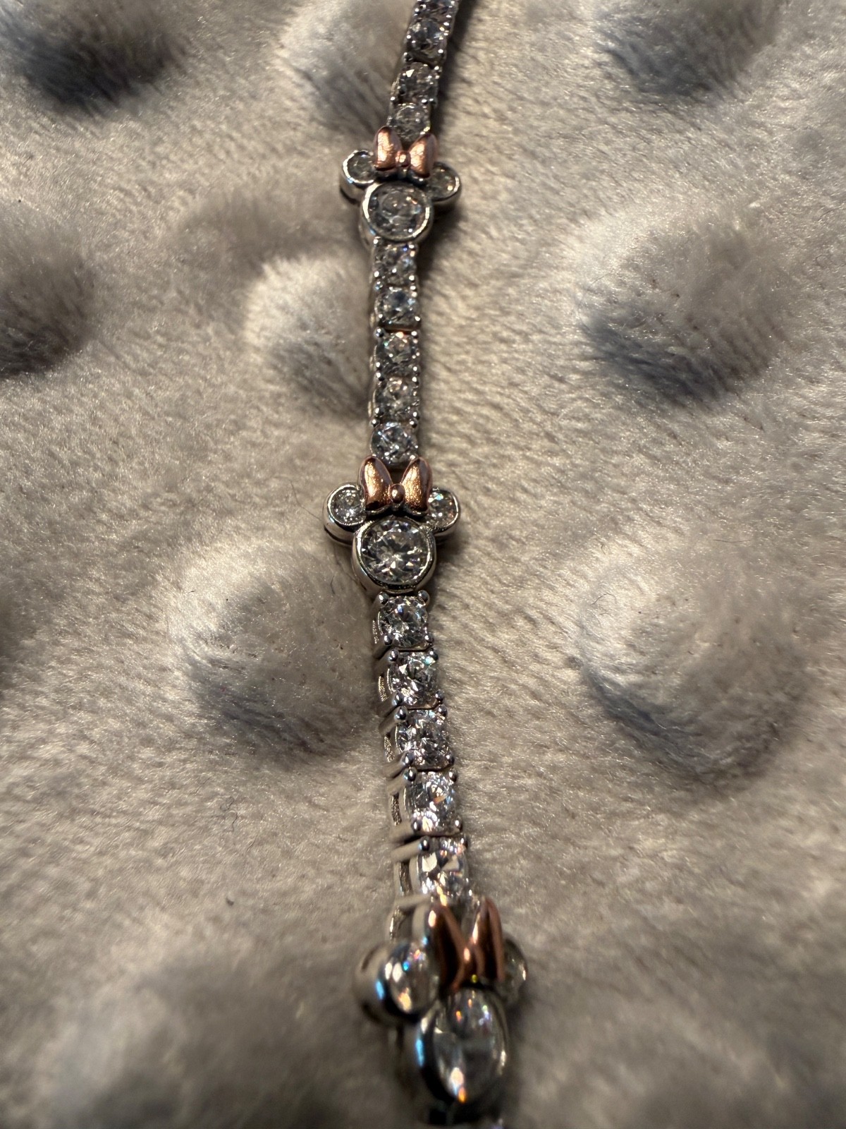 Diamonique Silver and Rose Gold Minnie Mouse Tennis Bracelet w/ Pouch and Box