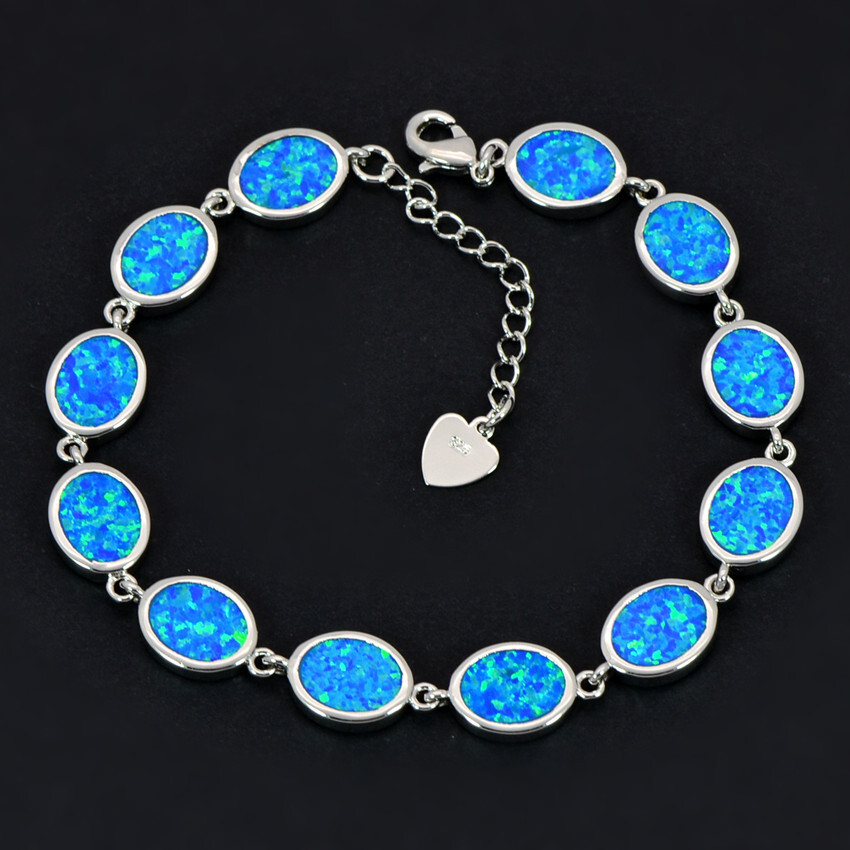 Hawaii Blue/White/Orange/Pink Oval 925 Sterling Sliver Fire Opal Bracelet 18cm