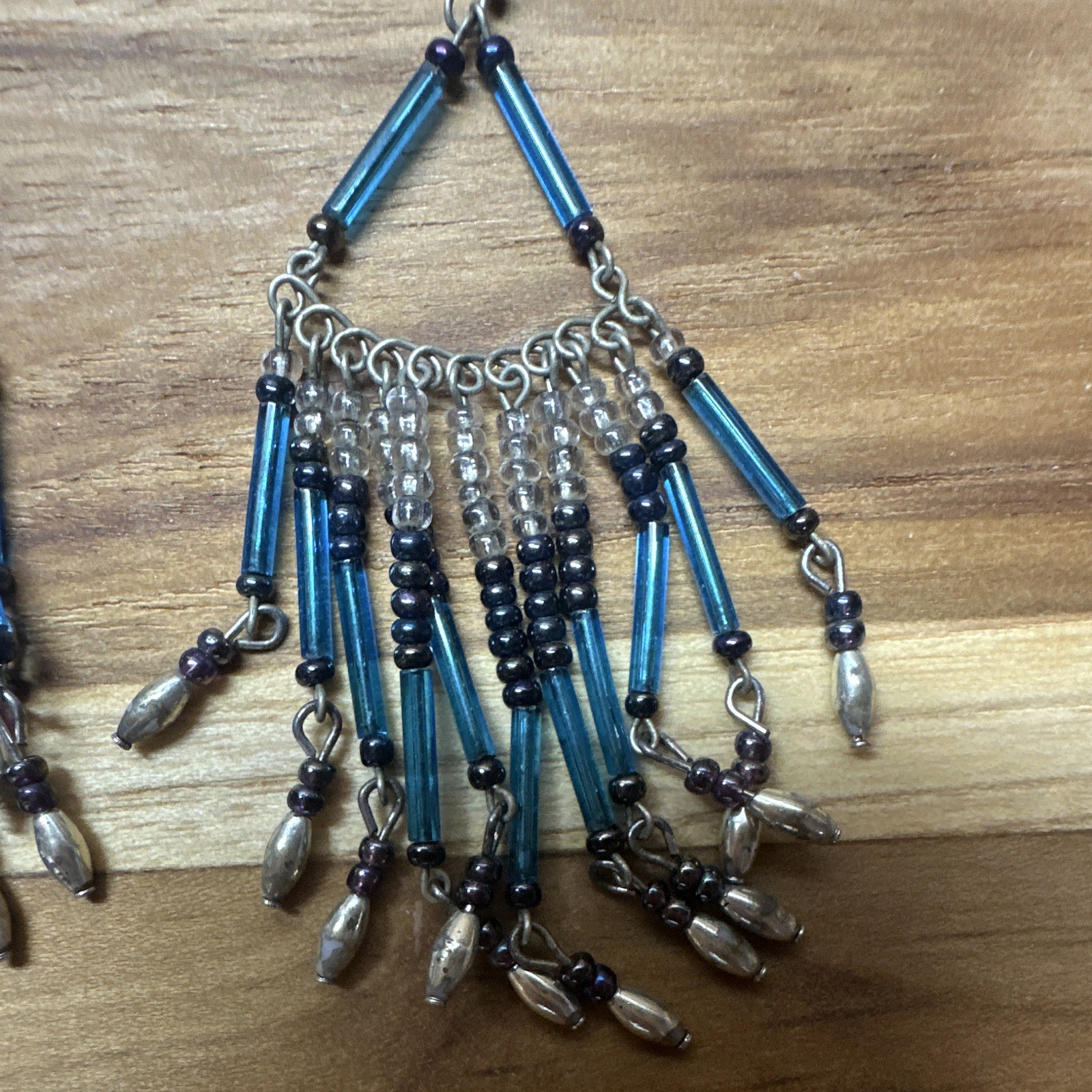 Handmade Blue Glass Tube Beaded Triangle Dangle Hook Earrings, Silver Tone