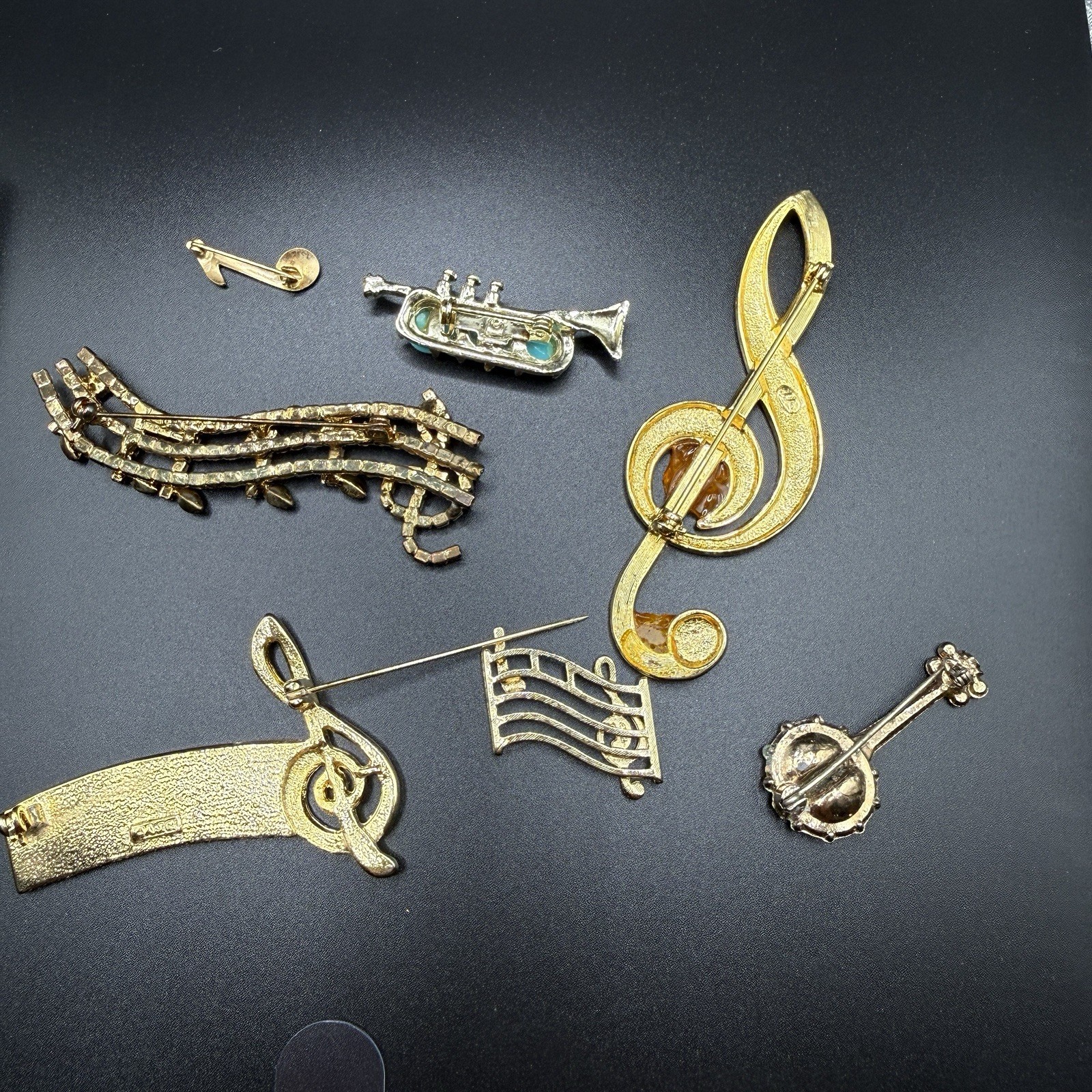 Music-Themed Gold Tone Enamel & Crystal Rhinestone Brooch / Pin / Pendant Lot