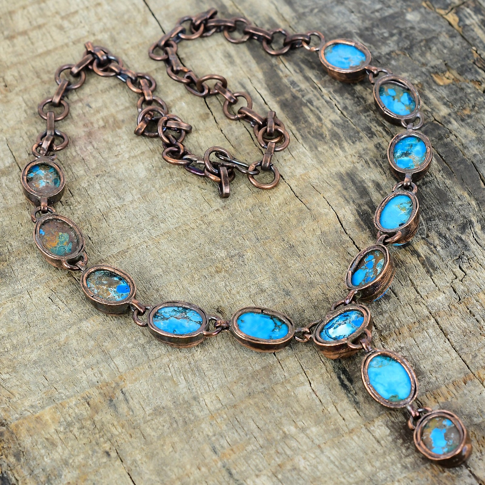 Copper Oval Tibetan Turquoise Stone Electroformed Bezel Chain Necklace Jewelry