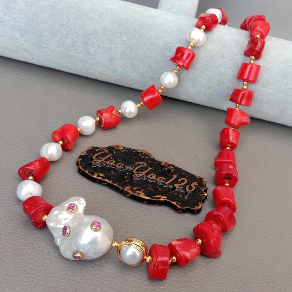 21″ Red Coral White Pearl Necklace White Keshi Pearl Cz pave Pendant