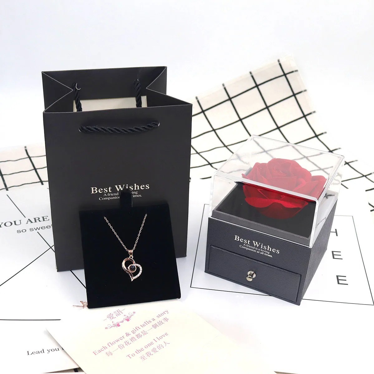 Heart Rose Necklace Gift Box Romantic Jewelry Valentine’s Day Gift for Her USA