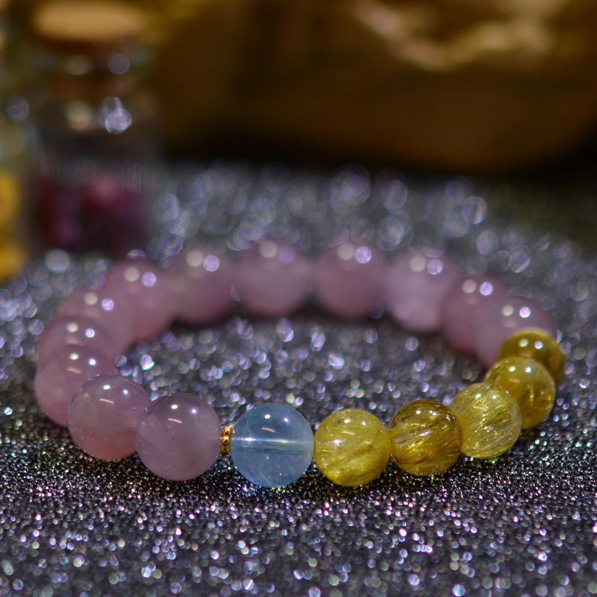 Madagascar Rose Quartz Rutilated Aquamarine Bracelet 18K Gold Gift for Women