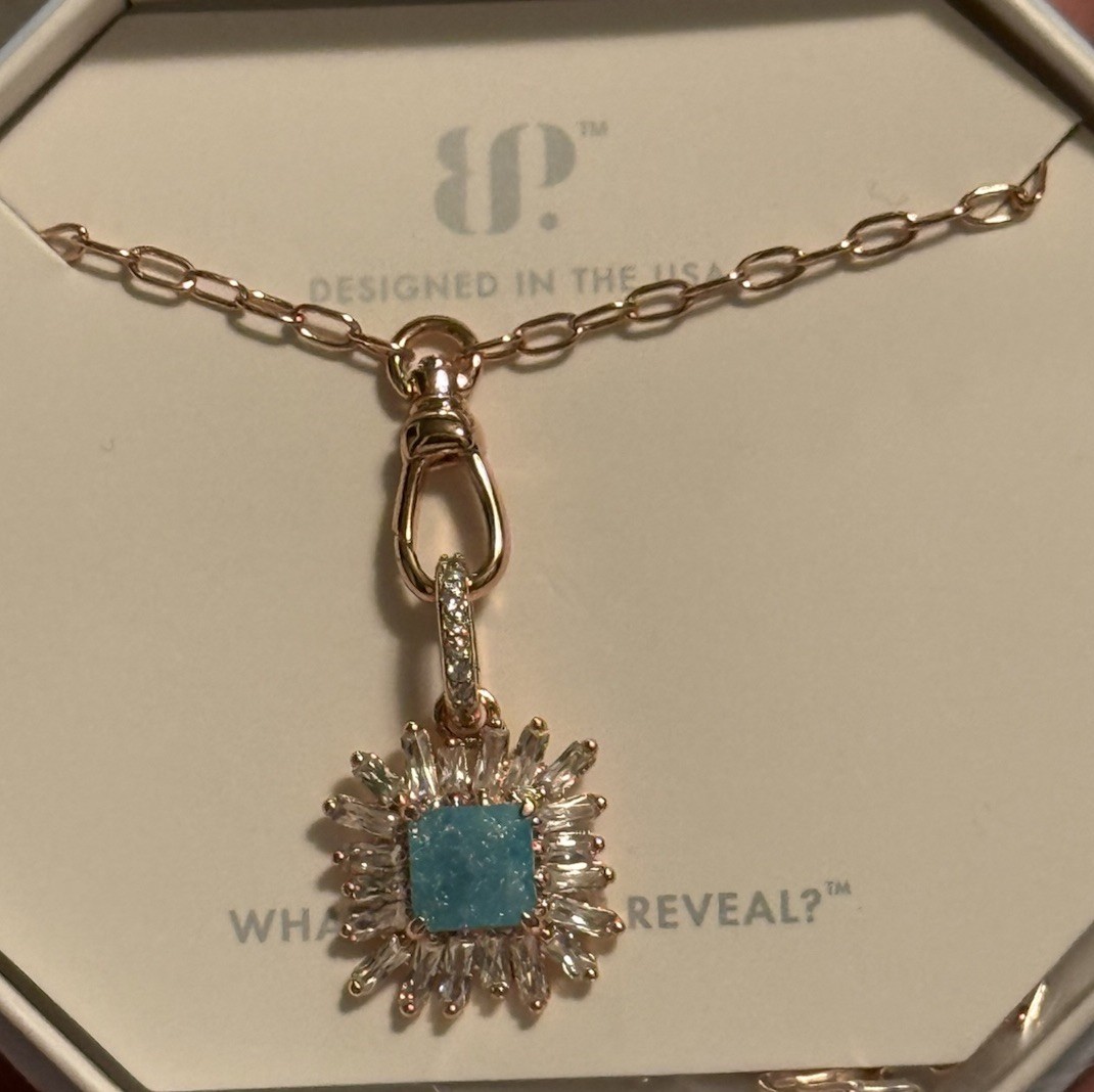 Bomb Party BP, NK53693-Never Not Beaming Necklace-Aquamarine on Rose Gold-NEW