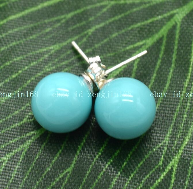 Charming 10mm Turquoise Blue Shell Pearl Round Gemstone Necklace Earrings 18″