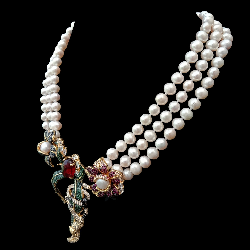 3 Strands Cultured White Pearl Cubic Zirconia Pave Pendant Statement Necklace
