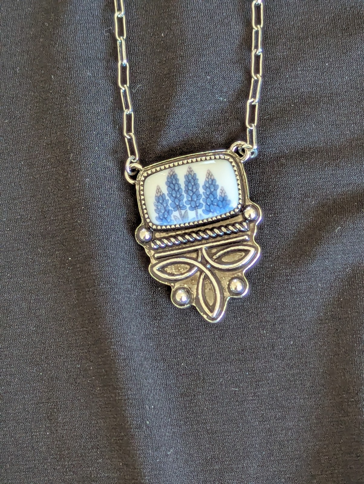 Texas Bluebonnet Flower Necklace Western Silver Tone Paperclip Chain Pendant New