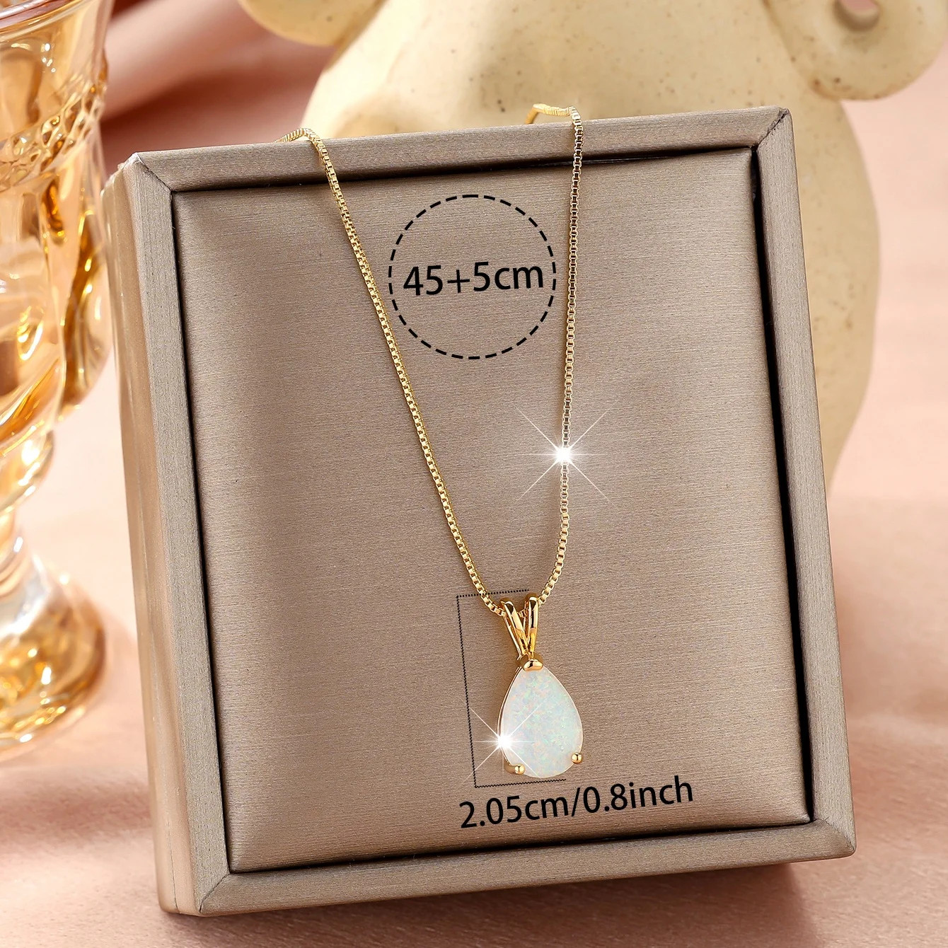 Boho Female White Blue Opal Water Drop Pendant Necklace Gold Color Wedding Jewel