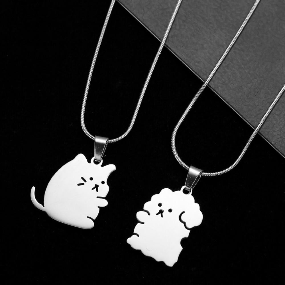 Stainless Steel Hugging Dog and Cat Couple Necklaces Set Best Friends Gifts