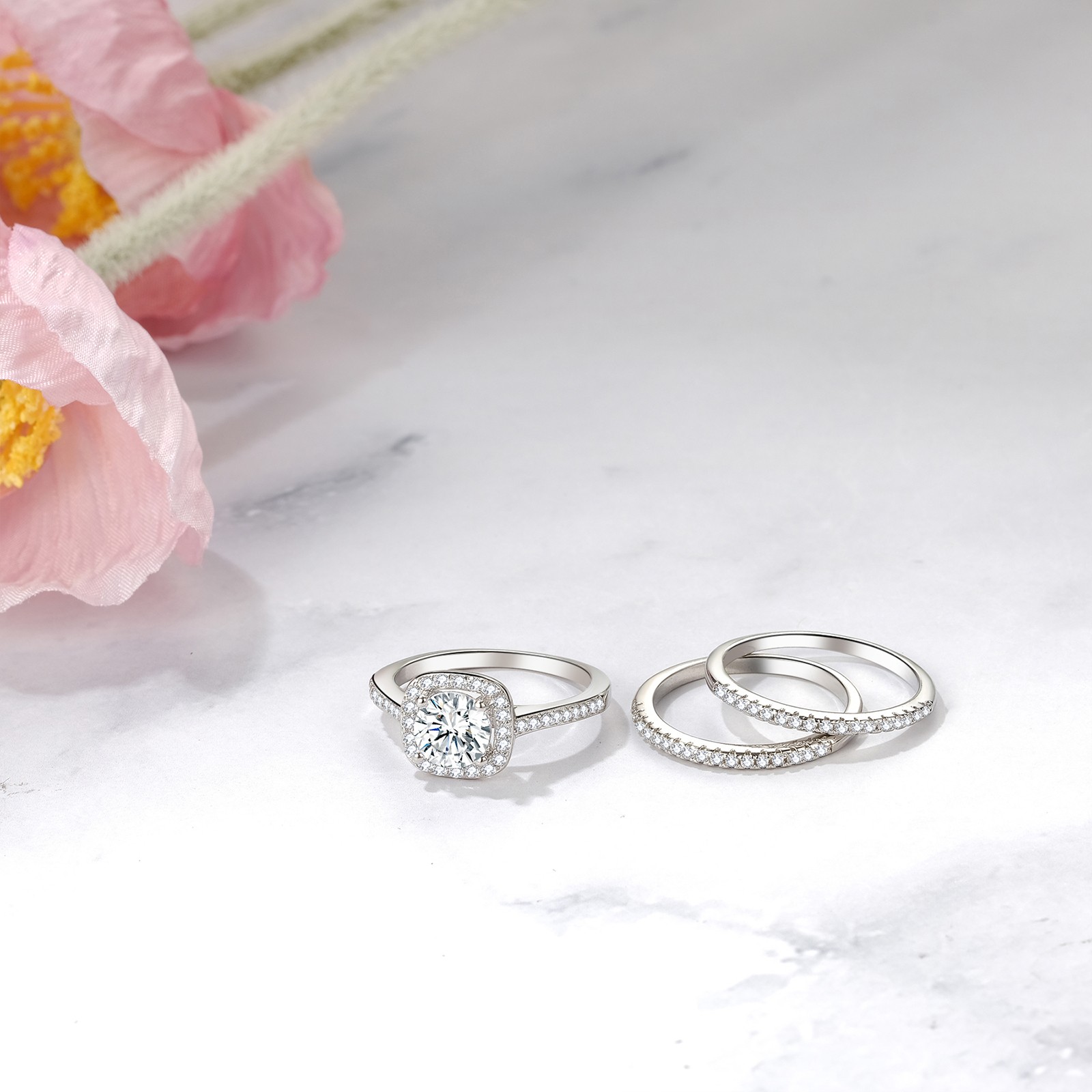 Couples Men Women Stainless Steel Ring Set Cubic Zirconia Stacking Wedding Band