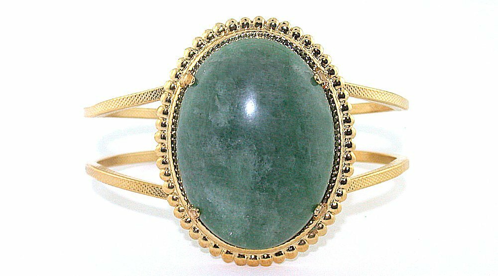 40×30 Jade Cabochon Cab Gemstone Spring Load 7 1/2 Inch Goldplated Cuff Bracelet