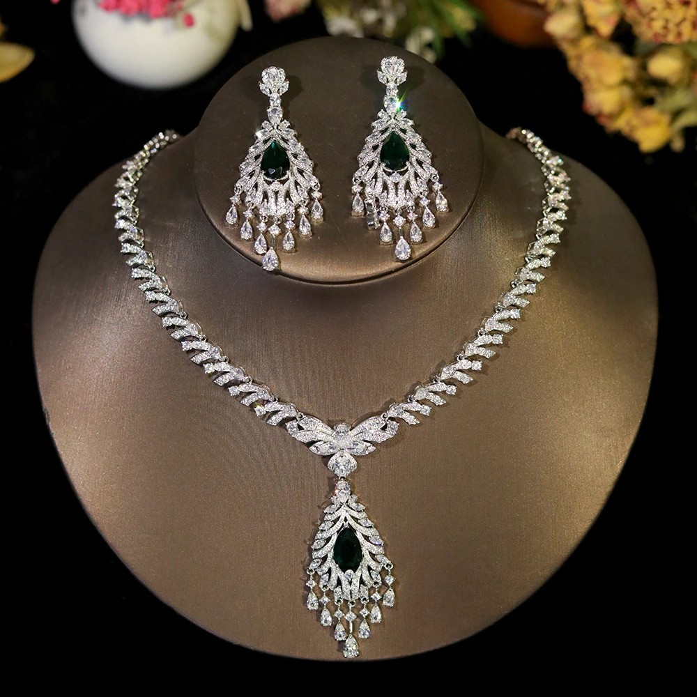 Premium Bridal wedding Jewelry Sets Necklace Engagement Party Earrings Silver