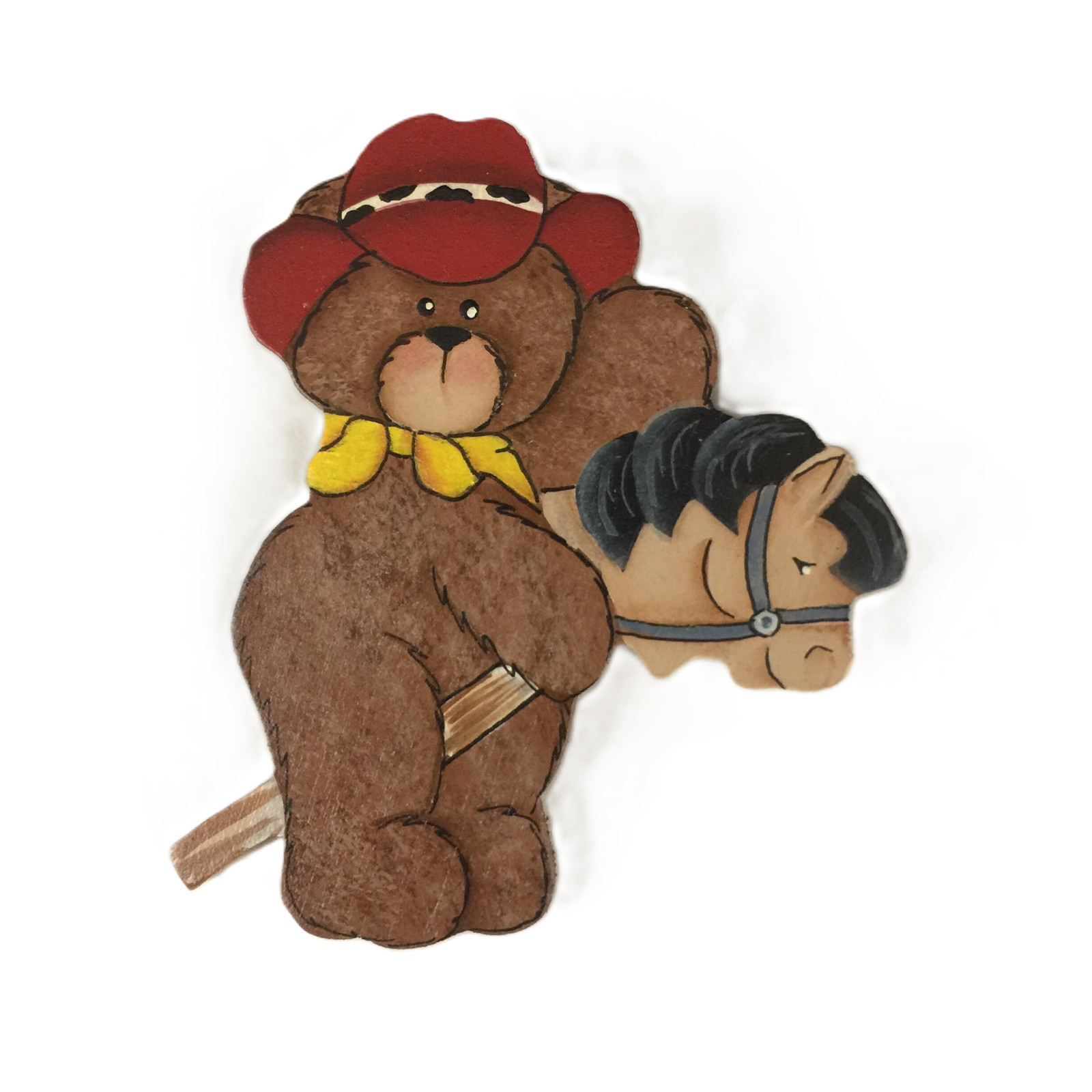 Brooch Cowboy Teddy Bear on Horse Pin Wooden Hand Painted Locking Bar Back VTG