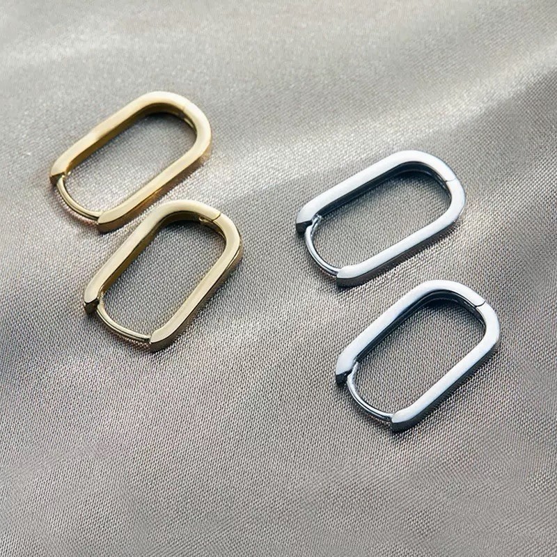 8mm Minimalist Oval Huggie Hoop Earrings 925 Silver Small Rectangle Hoops 460