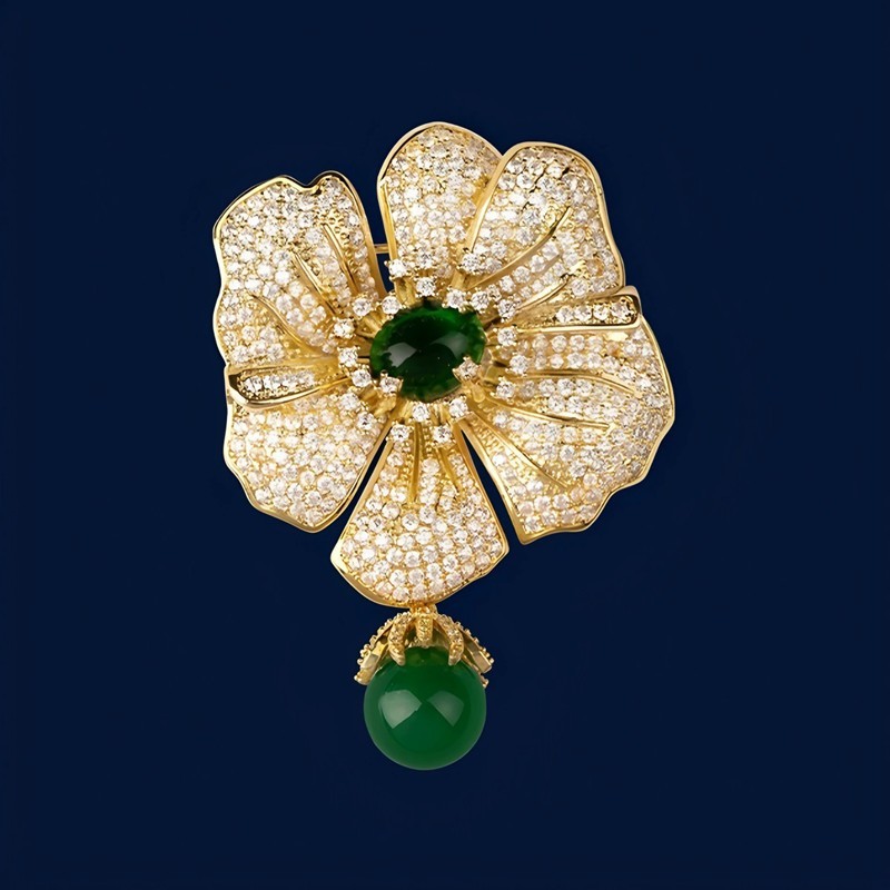 Green Imitation Jade Flower Brooch Pin Women Rhinestone Crystal Floral Gift