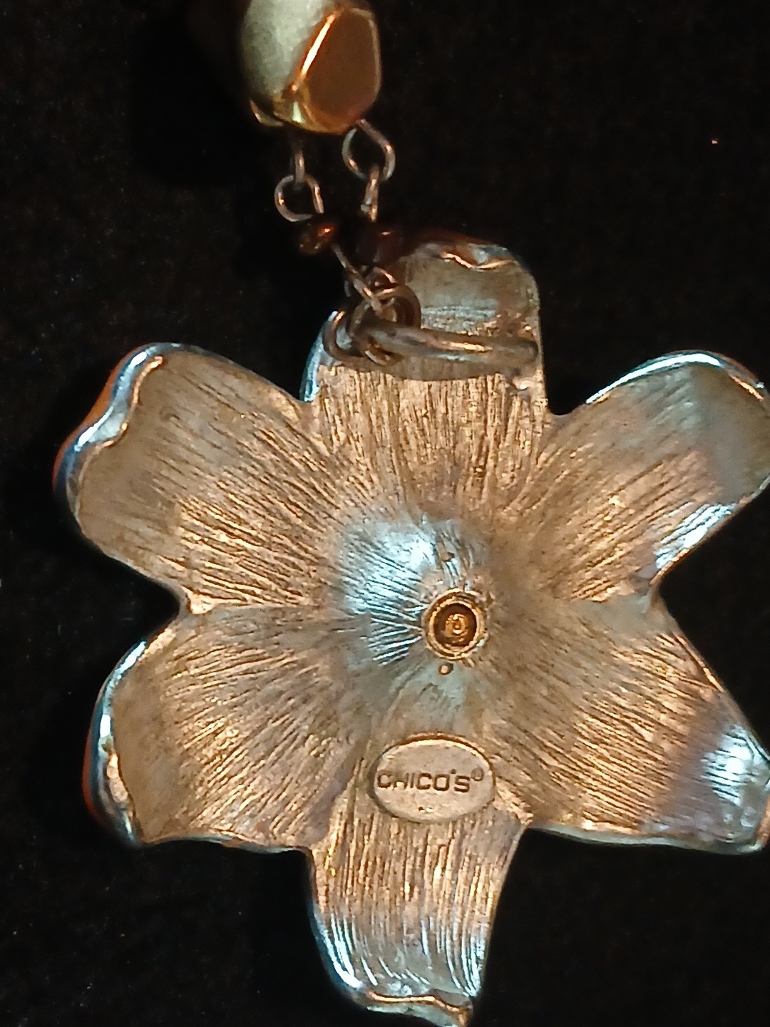 Chico’s Heavy 69g Orange Lily Necklace Amber Glass Gold Tone Statement Bold