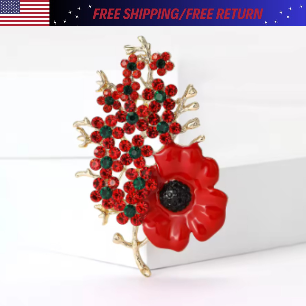 Beautiful Poppy Flowers Brooch Pin – Rhinestone Enamel Jewelry Gift USA