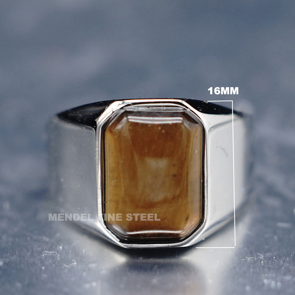 MENDEL Mens Stainless Steel Natural Tiger Eye Stone Ring For Men Size 7 8 9-15