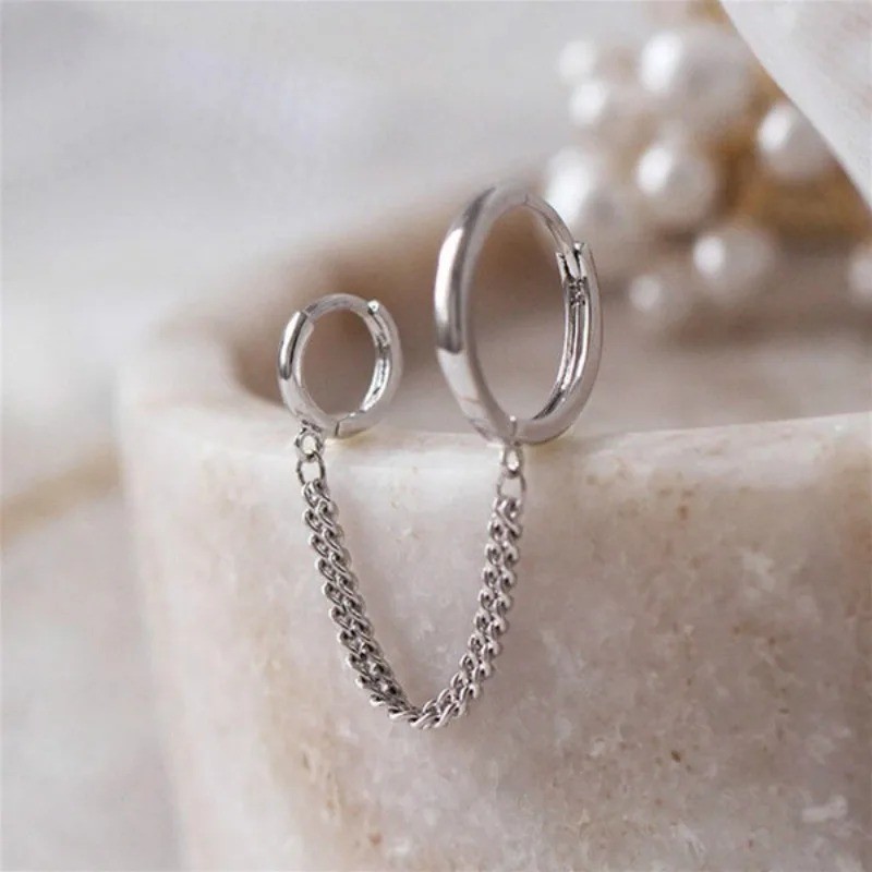 1PCS Punk Cool Two Hole Piercing Earrings Gold Silver Color Long Tassel Chain Dr