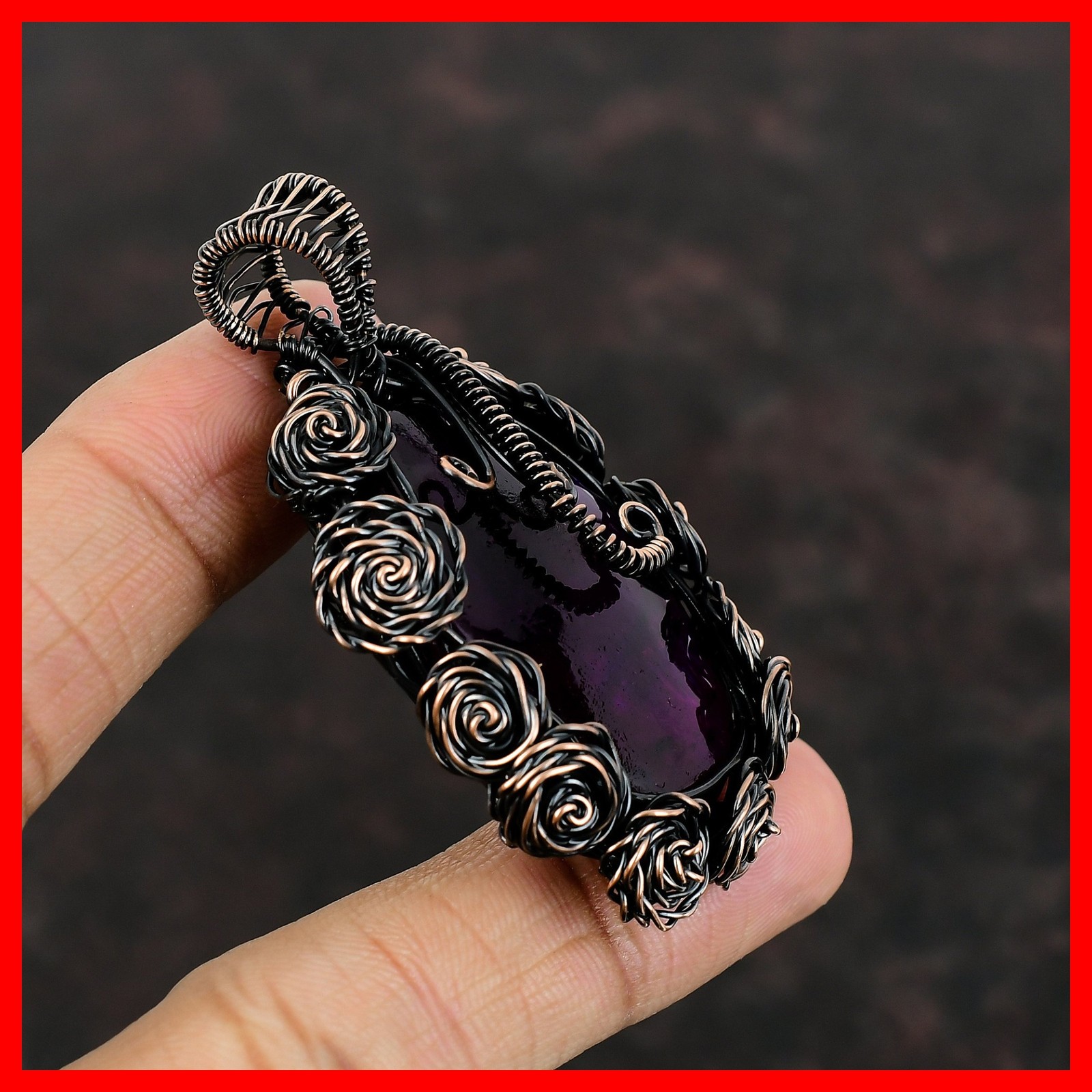 Natural Pink Fire Labradorite Copper New Flower And Wire Wrapped Pendant Jewelry