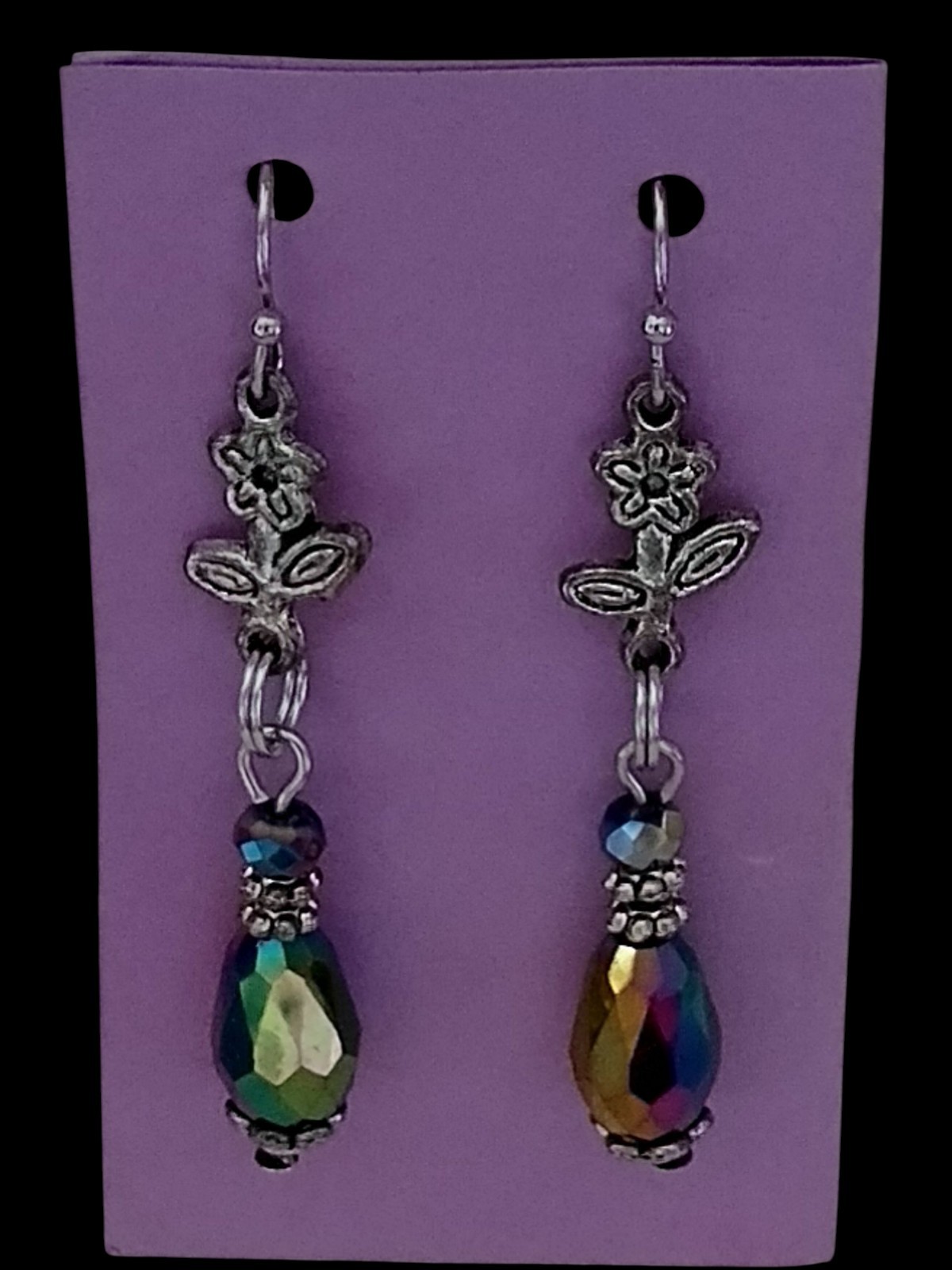 Handcrafted IRRIDESCENT BEADS SILVERTONE FLOWERS Double-Sided Dangle Earrings