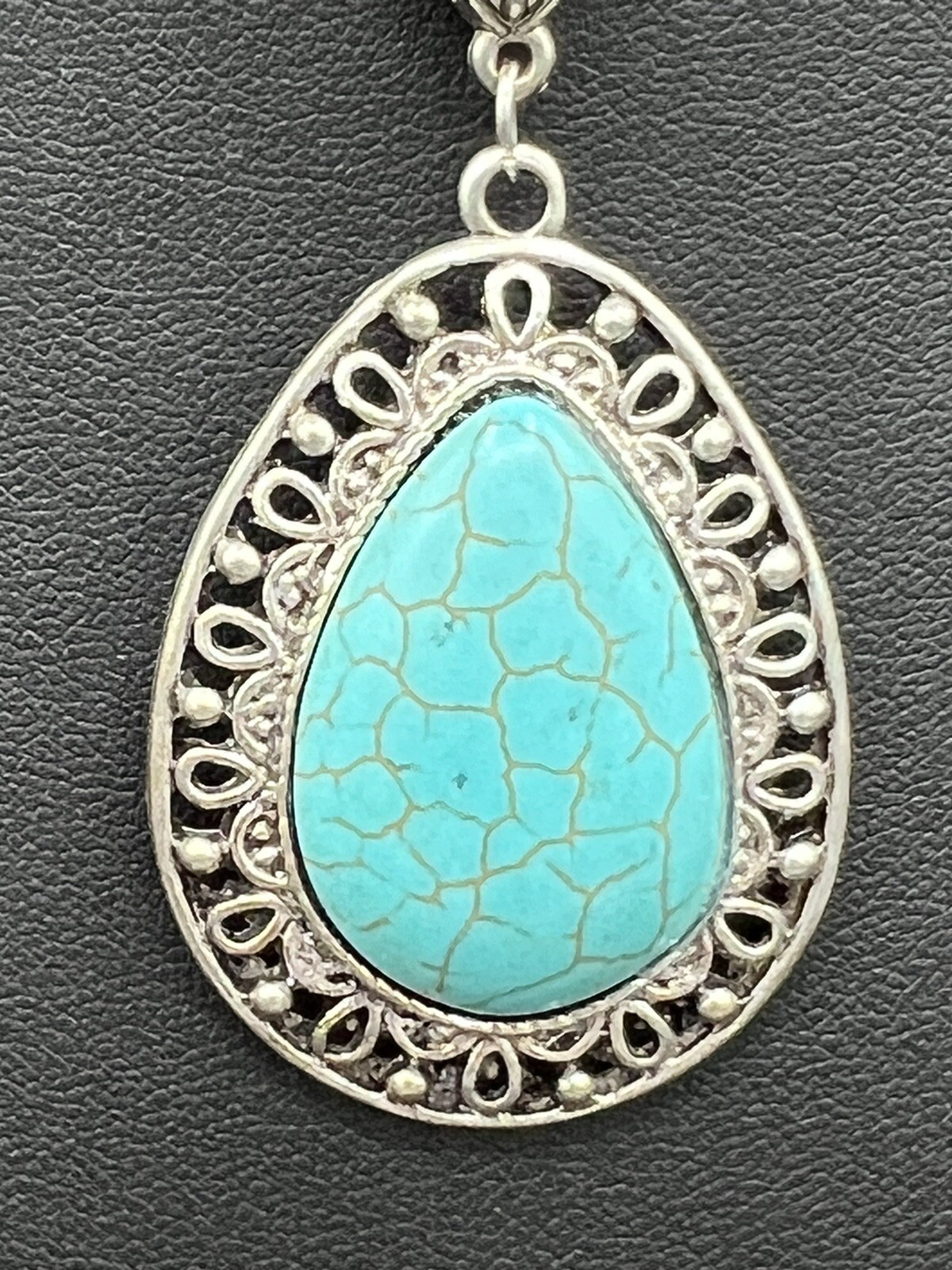 Silver Tone and Faux Turquoise Teardrop Pendant Necklace 18” + 2.5” Extender