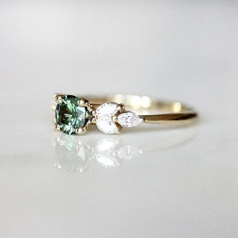 Classic Gold Color Ring for Women Gorgeous Metal Green Inlaid Stones Flower