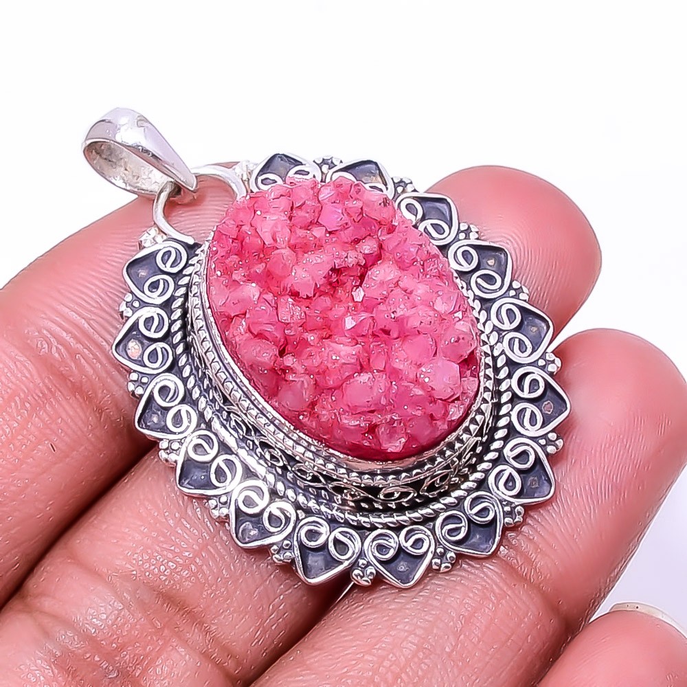 Natural Pink Quartz Drusy Fine Art 925 Sterling Silver Pendant 1.76″ P939520514