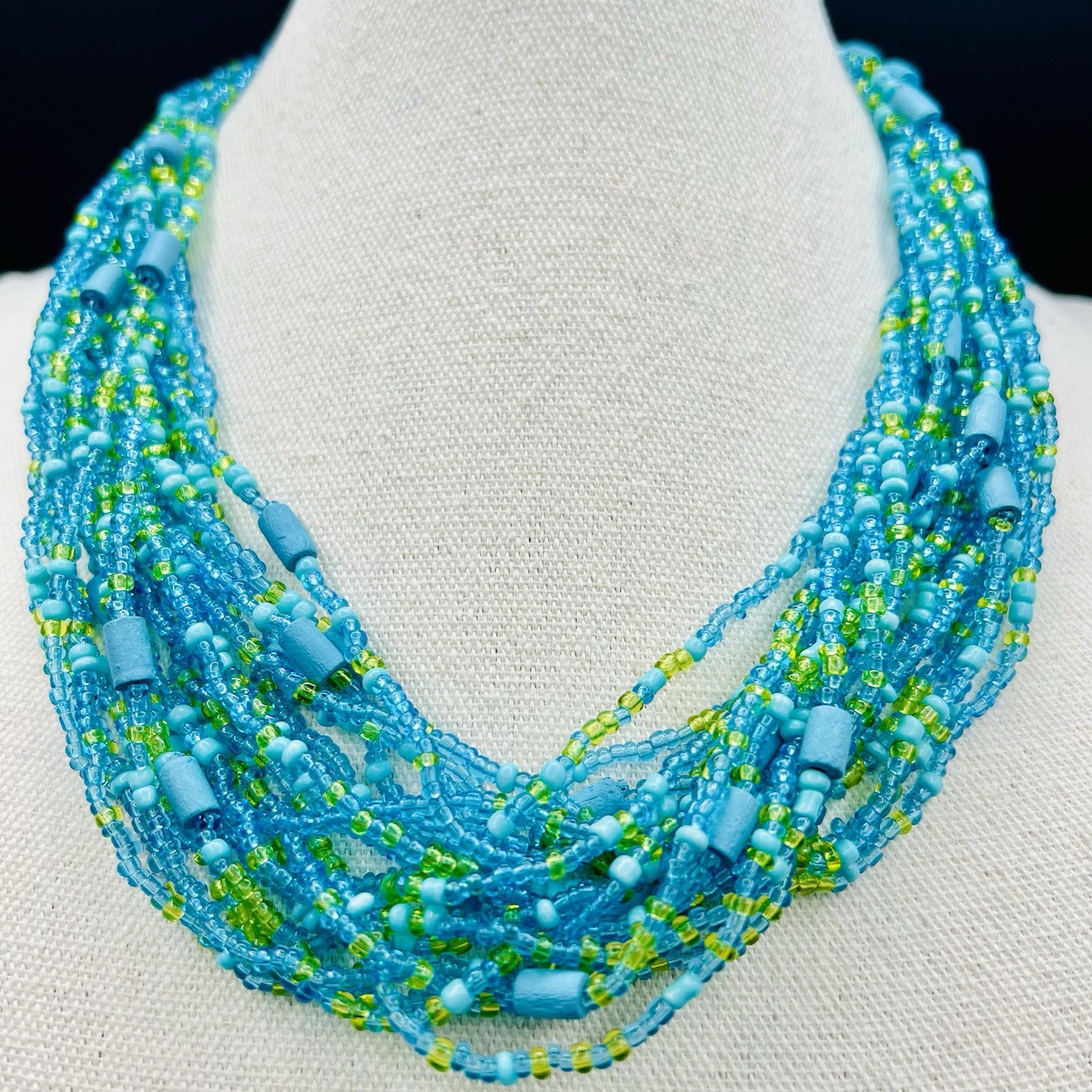 Aqua Lime Seed Bead Necklace Multi Strand Statement Bib Collar Beach Boho