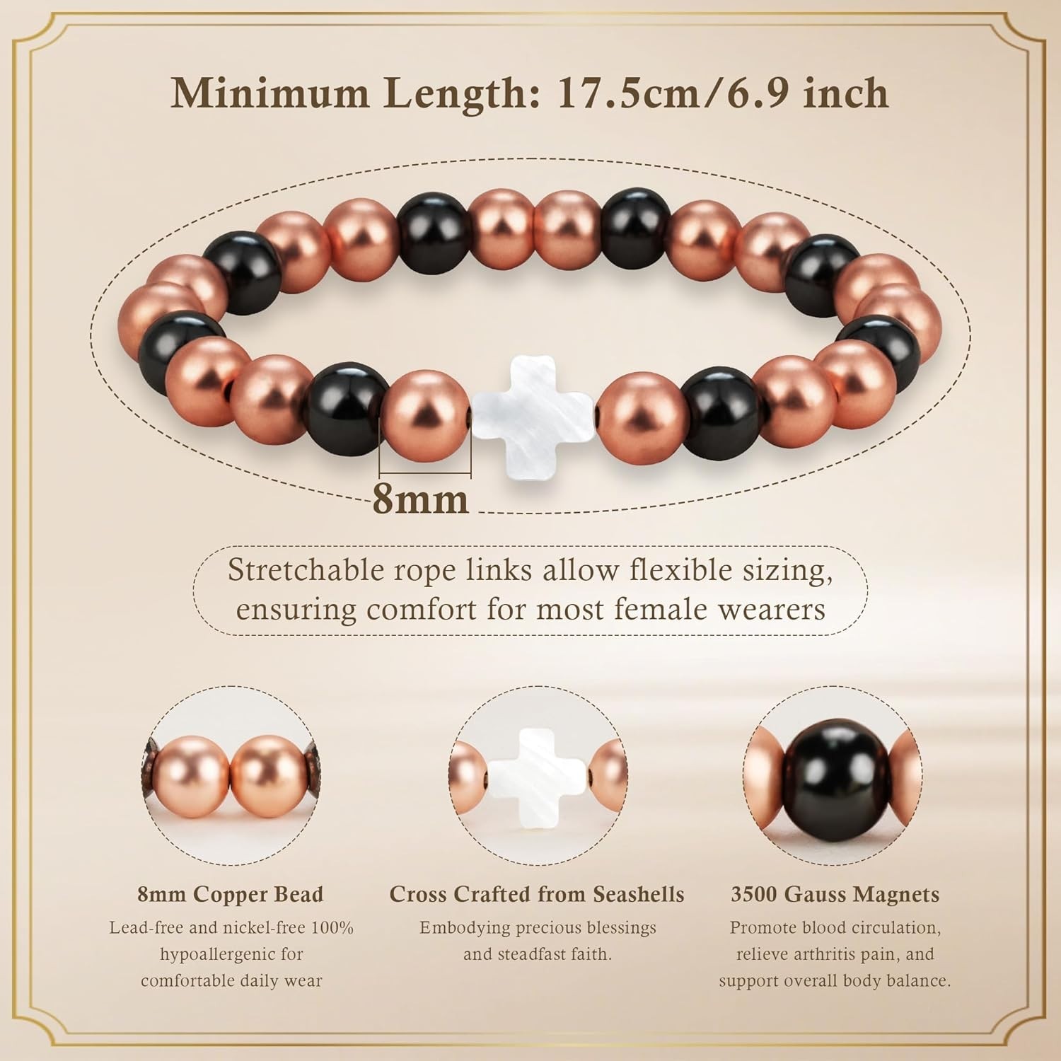 Elegant 8MM Copper Magnetic Bracelet with Cross Design – Adjustable for All