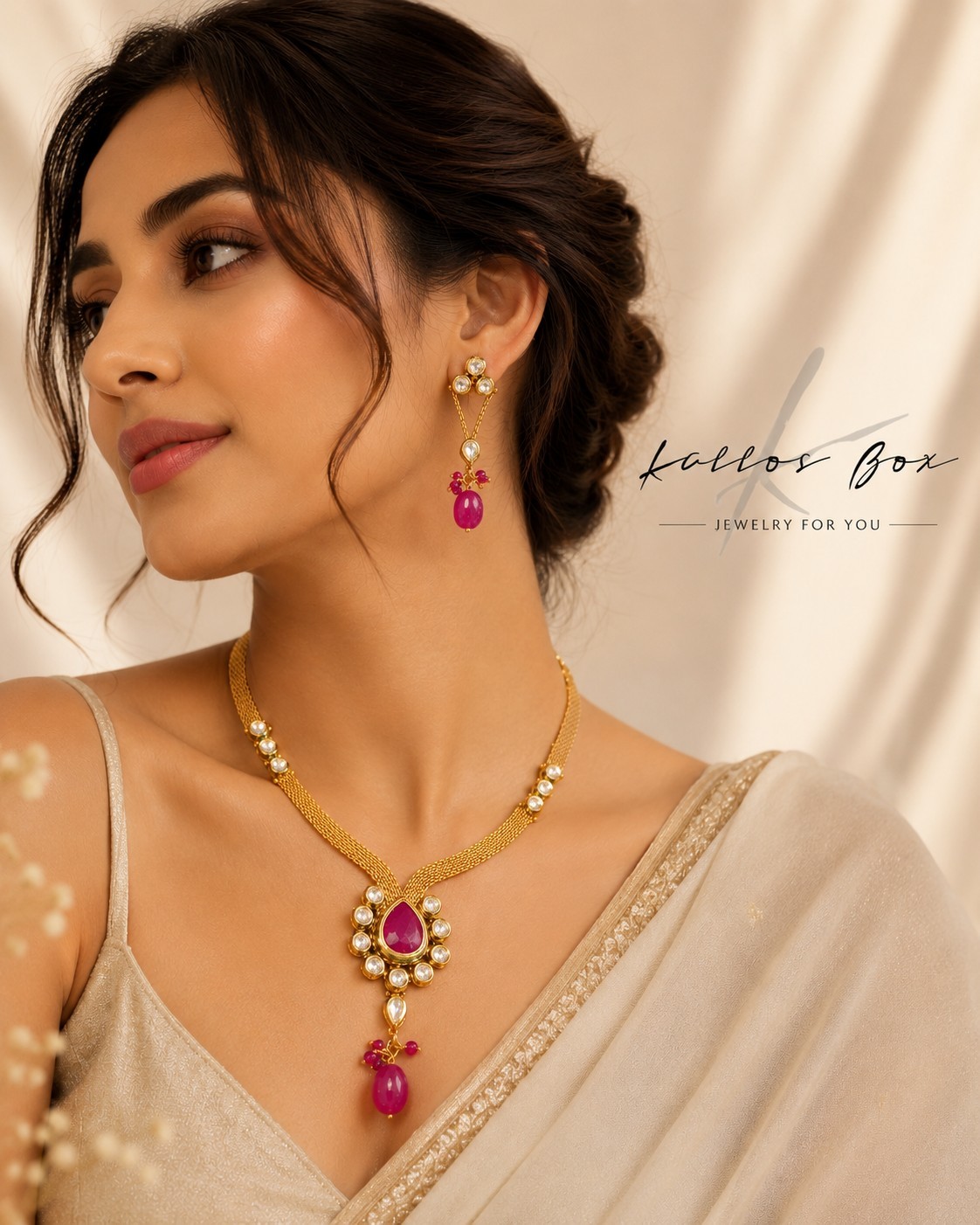 Pink Kundan Necklace With Earrings For Wedding Or Any Other Festive Occasion