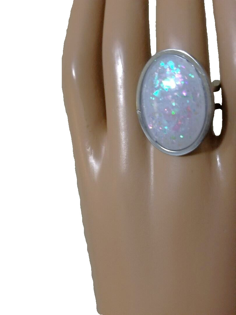 White Opal Ring – Resin Fiery Opal Ring 18 x 25mm in Double Stainless-Steel Band