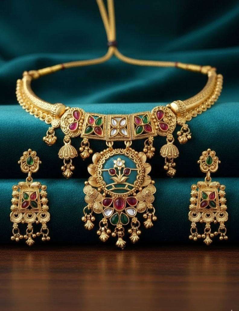 Indian Necklace Jewelry Bollywood Gold Heritage Bridal Earring Kundan Choker Set